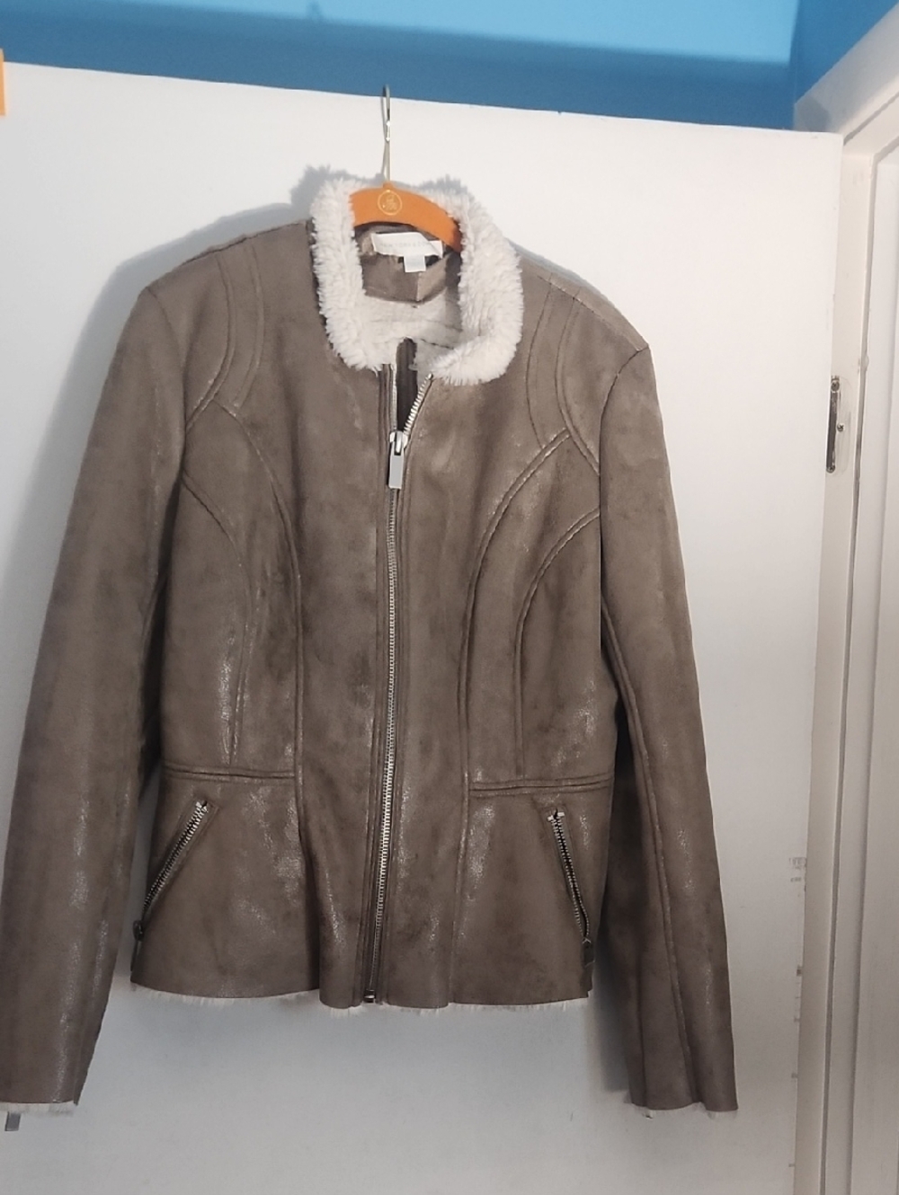 New York & Company Taupe Shearling-Trim Leather Jacket